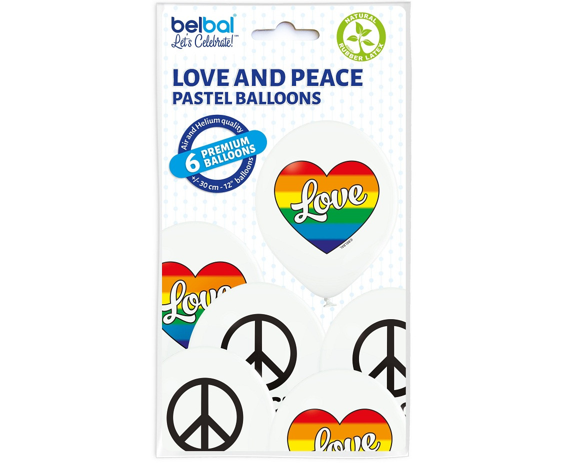 Balloons Belbal 12", D11, Love and peace white, 6pcs